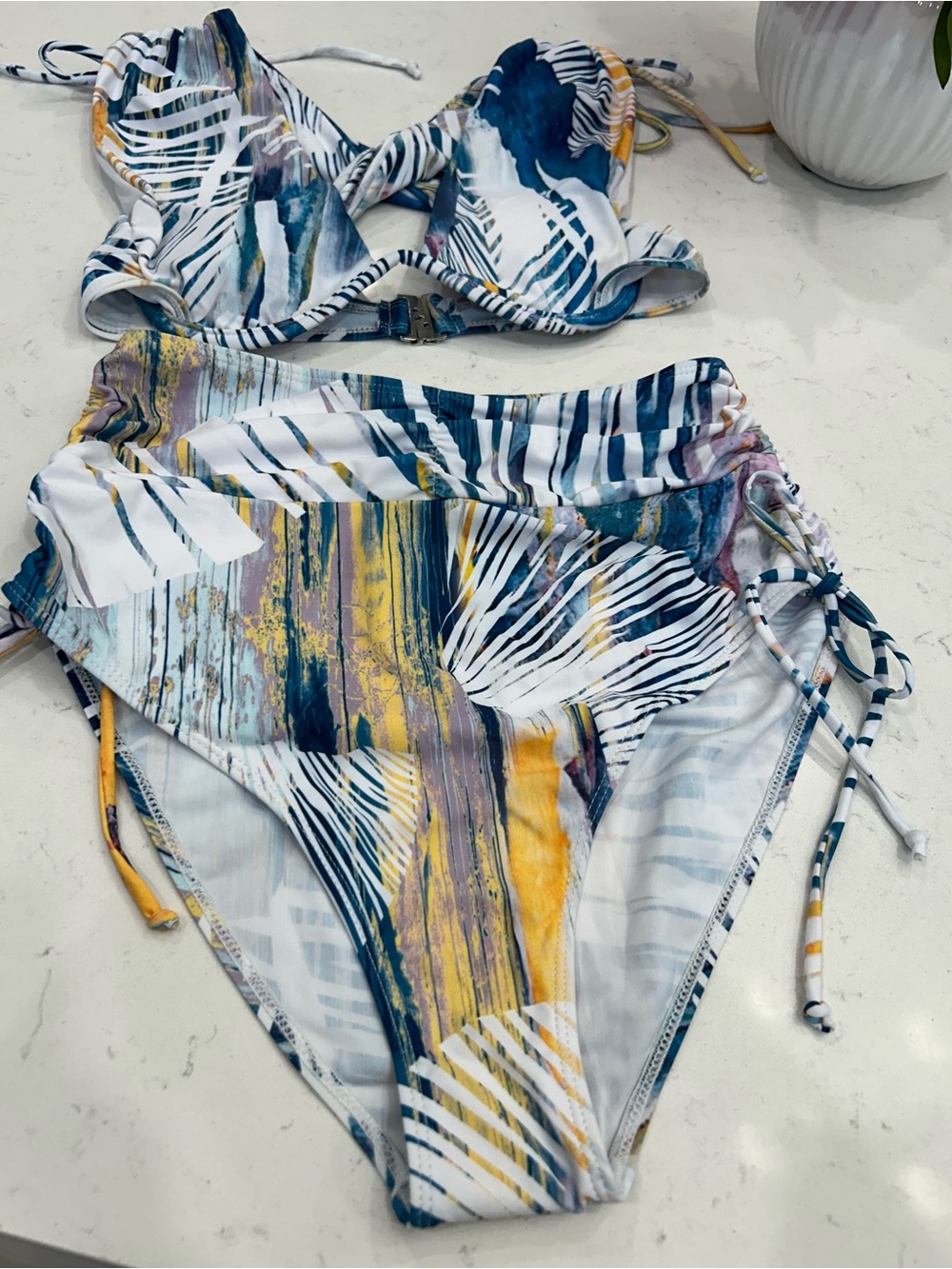 High-Waist Two-Piece Swimsuit Set in Teal, Yellow & White